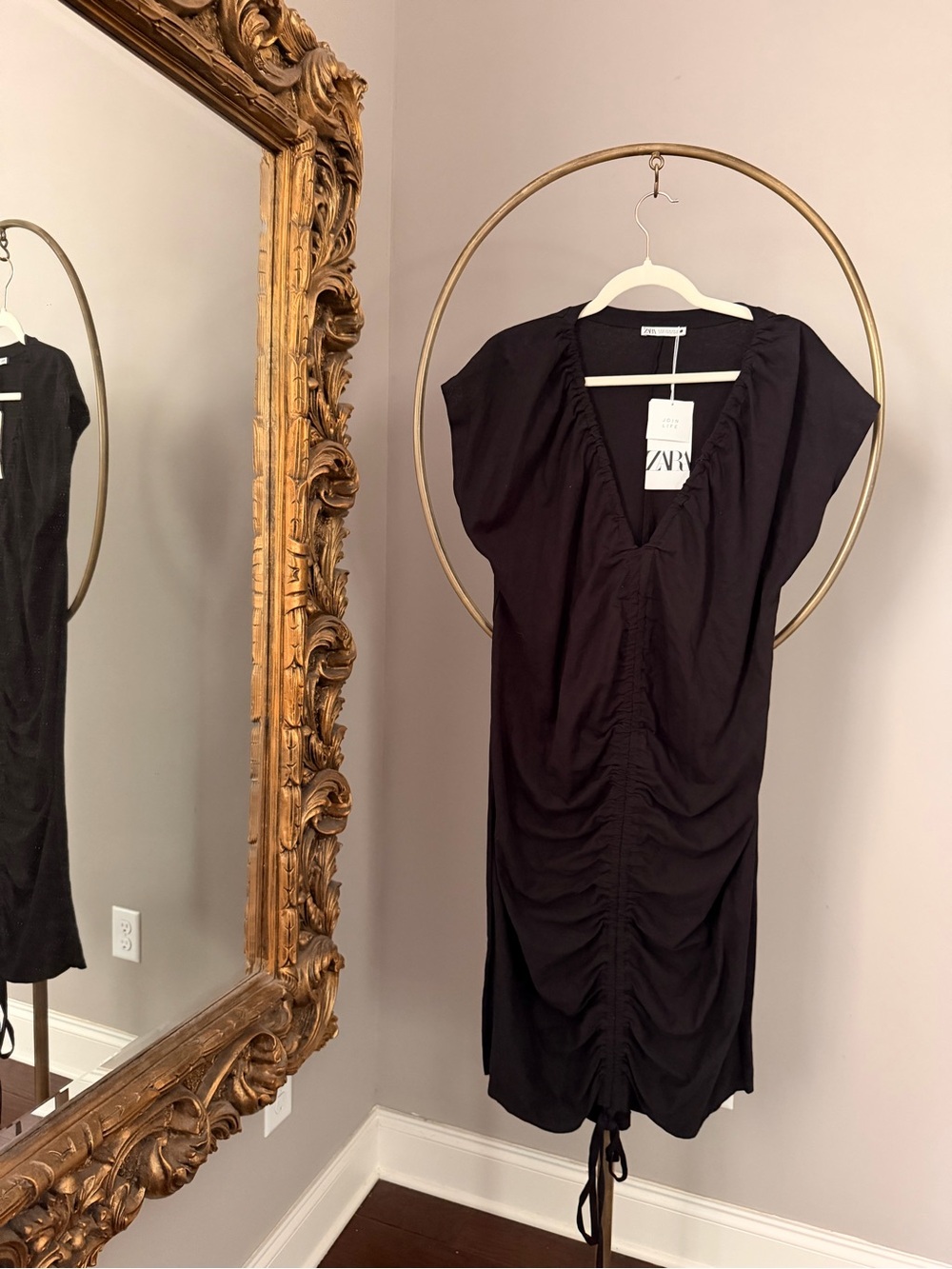 ZARA Black Ruched V-Neck Midi Dress NWT